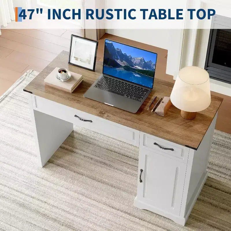Scrivania direzionale da 47" con cassetti e mobile contenitore - Workstation rustica per ufficio/studio/camera da letto, bianco antico