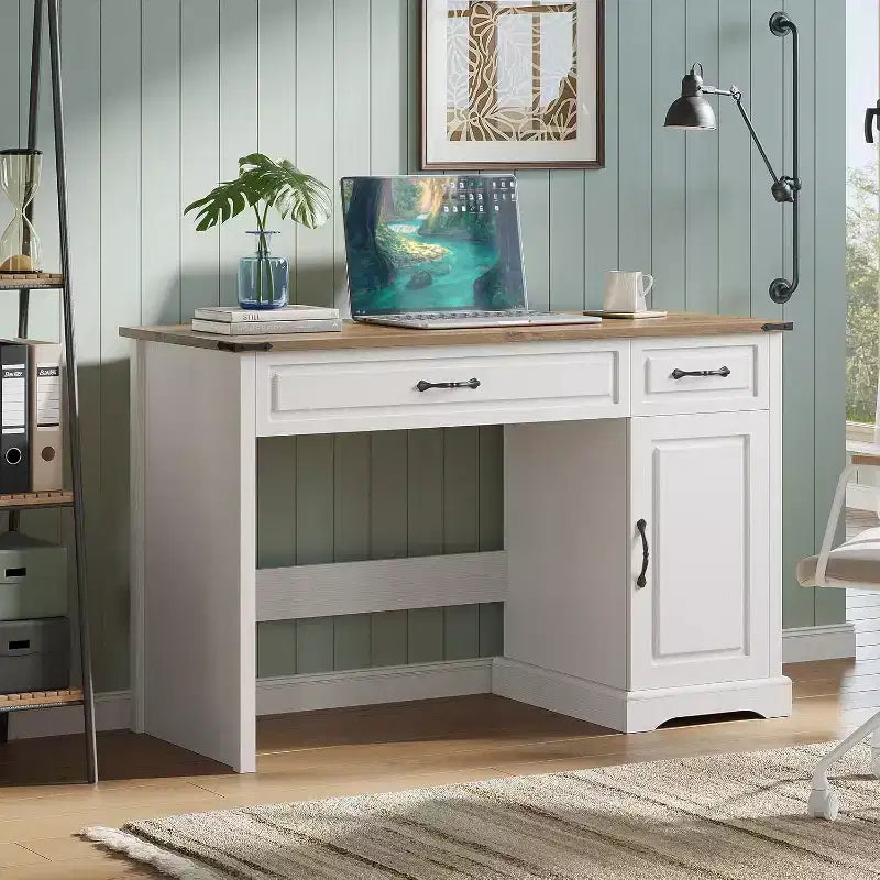 Scrivania direzionale da 47" con cassetti e mobile contenitore - Workstation rustica per ufficio/studio/camera da letto, bianco antico