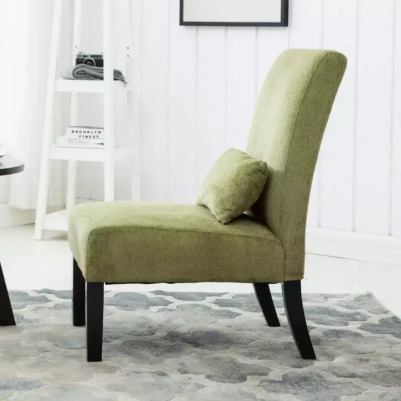 Poltroncina moderna senza braccioli in ciniglia con cuscino e gambe in legno massello – Sedia laterale a seduta profonda