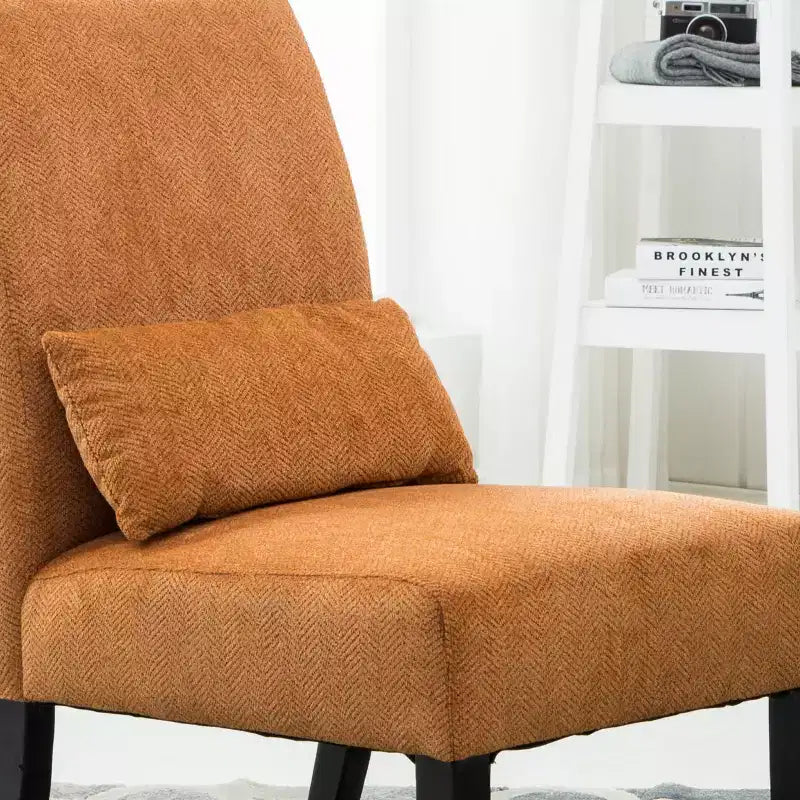 Poltroncina moderna senza braccioli in ciniglia con cuscino e gambe in legno massello – Sedia laterale a seduta profonda