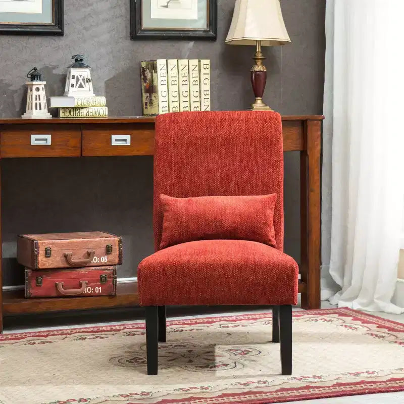 Poltroncina moderna senza braccioli in ciniglia con cuscino e gambe in legno massello – Sedia laterale a seduta profonda