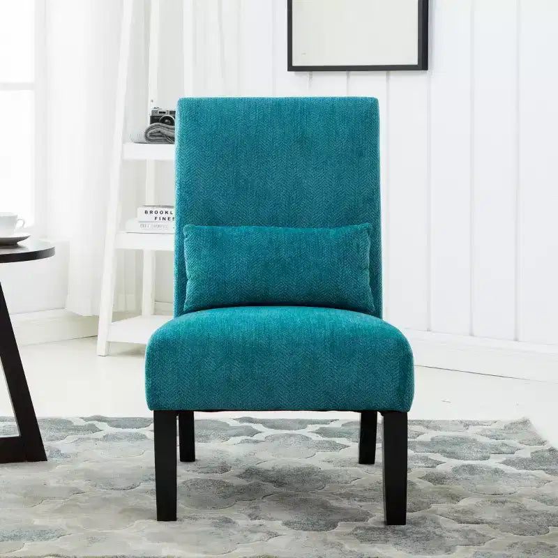 Poltroncina moderna senza braccioli in ciniglia con cuscino e gambe in legno massello – Sedia laterale a seduta profonda