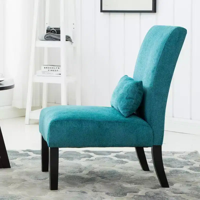 Poltroncina moderna senza braccioli in ciniglia con cuscino e gambe in legno massello – Sedia laterale a seduta profonda