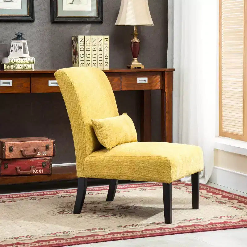 Poltroncina moderna senza braccioli in ciniglia con cuscino e gambe in legno massello – Sedia laterale a seduta profonda