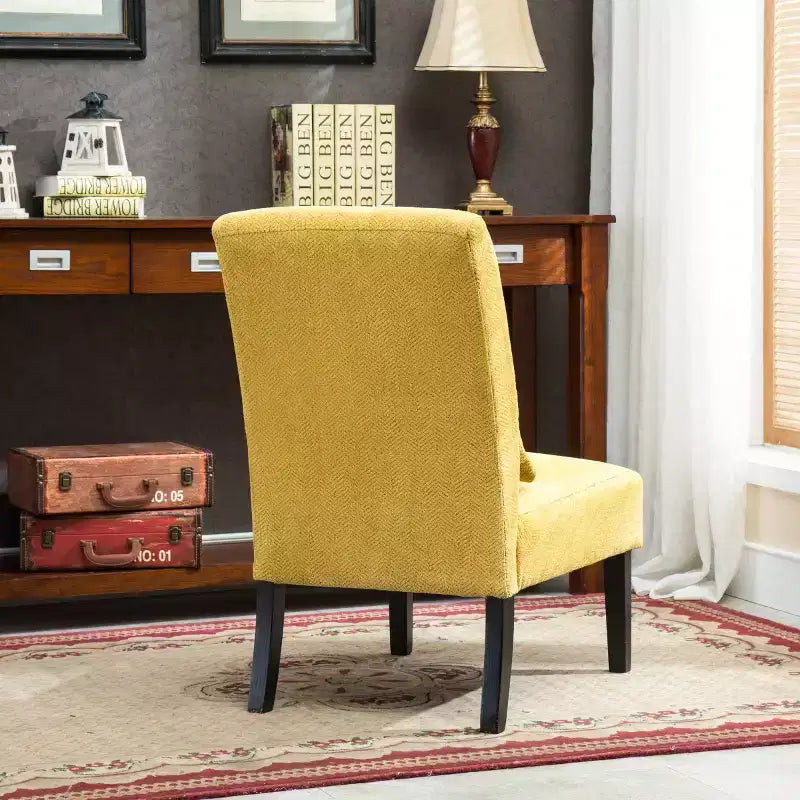 Poltroncina moderna senza braccioli in ciniglia con cuscino e gambe in legno massello – Sedia laterale a seduta profonda