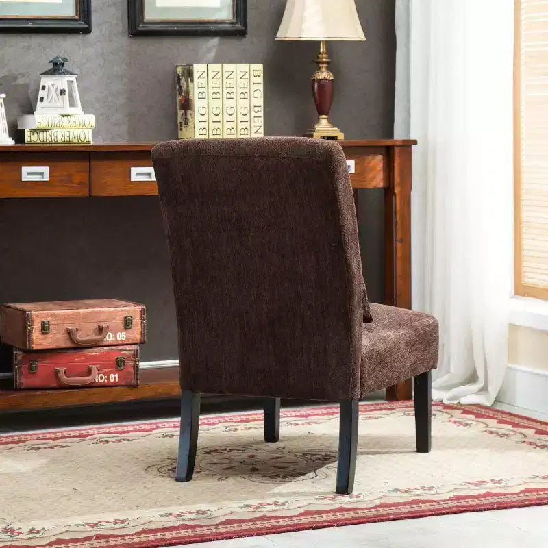 Poltroncina moderna senza braccioli in ciniglia con cuscino e gambe in legno massello – Sedia laterale a seduta profonda