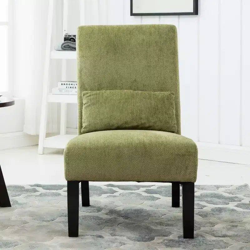 Poltroncina moderna senza braccioli in ciniglia con cuscino e gambe in legno massello – Sedia laterale a seduta profonda