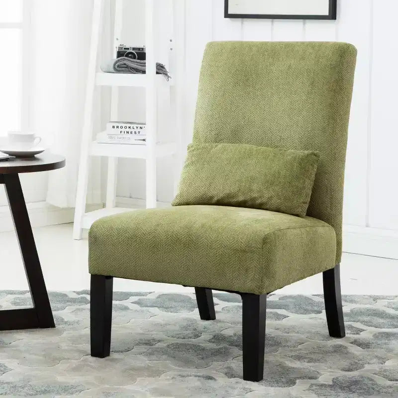Poltroncina moderna senza braccioli in ciniglia con cuscino e gambe in legno massello – Sedia laterale a seduta profonda