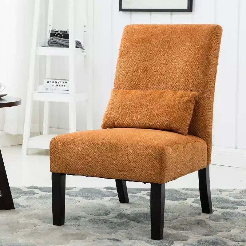 Poltroncina moderna senza braccioli in ciniglia con cuscino e gambe in legno massello – Sedia laterale a seduta profonda