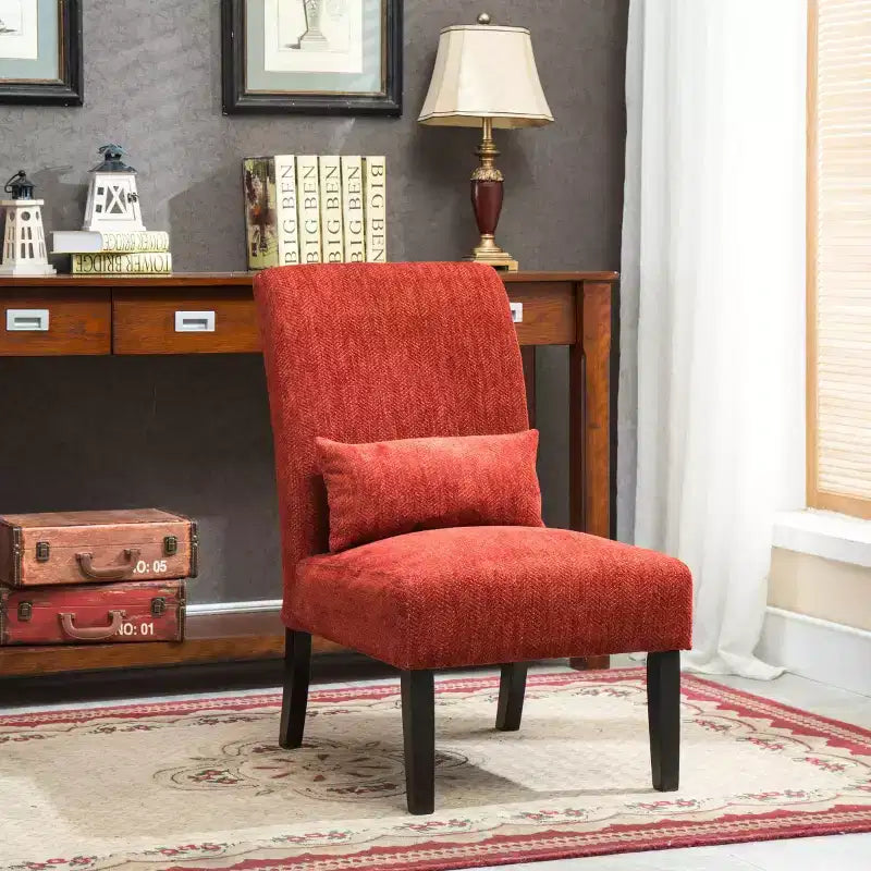 Poltroncina moderna senza braccioli in ciniglia con cuscino e gambe in legno massello – Sedia laterale a seduta profonda