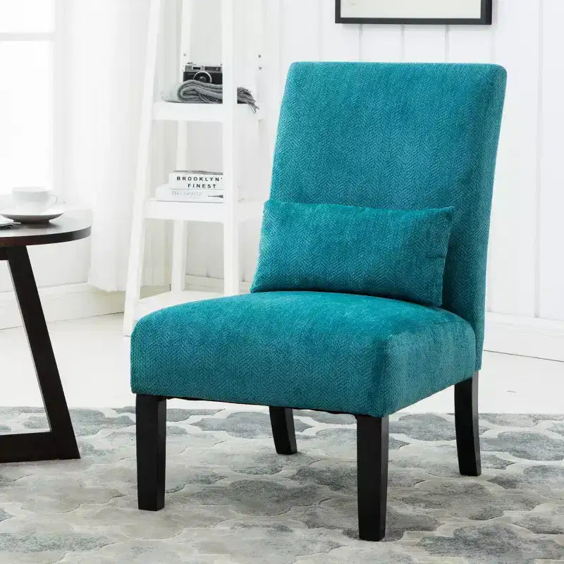 Poltroncina moderna senza braccioli in ciniglia con cuscino e gambe in legno massello – Sedia laterale a seduta profonda