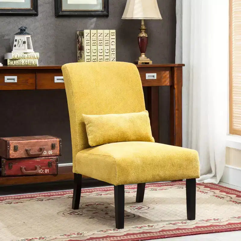 Poltroncina moderna senza braccioli in ciniglia con cuscino e gambe in legno massello – Sedia laterale a seduta profonda