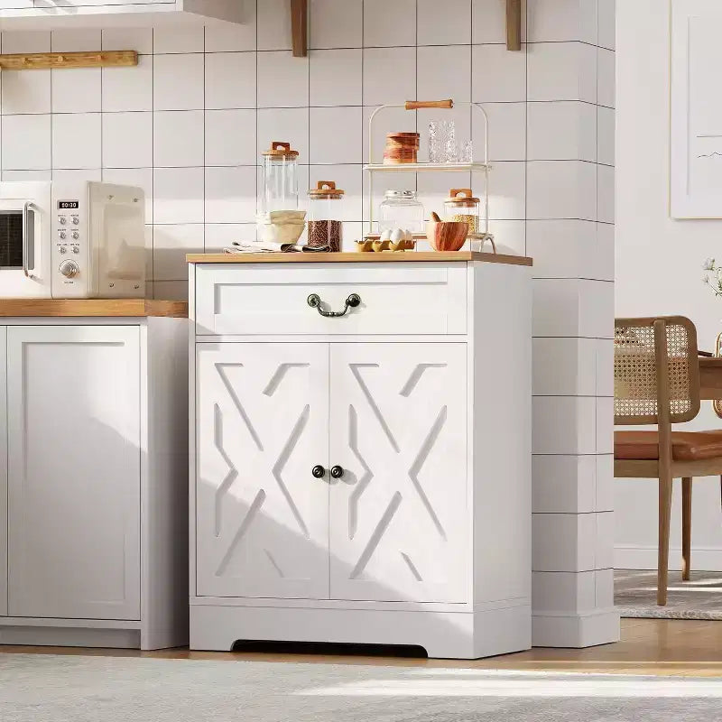 Credenza rustica - Mobile dispensa per cucina con 2 ante, cassetto e ripiano regolabile, credenza bianca per cucina, soggiorno