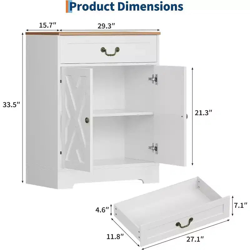 Credenza rustica - Mobile dispensa per cucina con 2 ante, cassetto e ripiano regolabile, credenza bianca per cucina, soggiorno