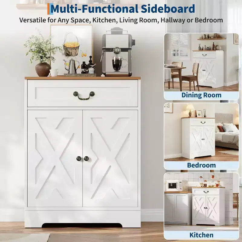 Credenza rustica - Mobile dispensa per cucina con 2 ante, cassetto e ripiano regolabile, credenza bianca per cucina, soggiorno
