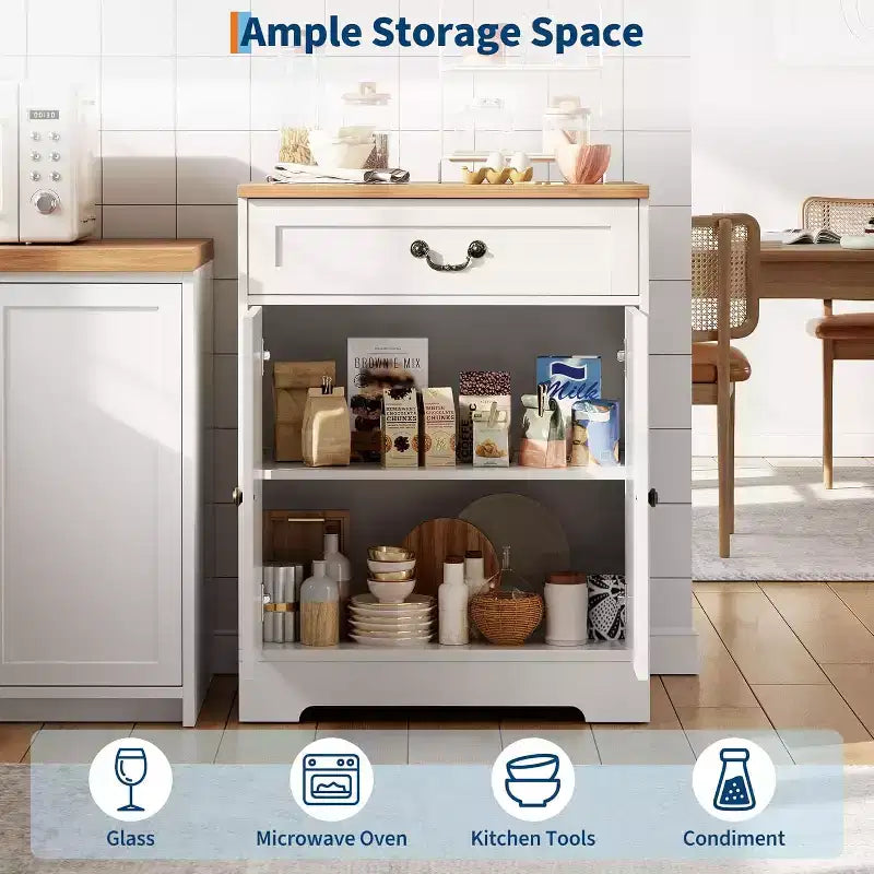 Credenza rustica - Mobile dispensa per cucina con 2 ante, cassetto e ripiano regolabile, credenza bianca per cucina, soggiorno