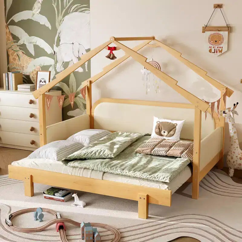Letto a capanna in legno singolo con sponde imbottite per bambini, ragazzi e ragazze – Bianco
