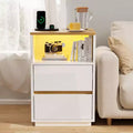 Karl Home 15.7In. High Gloss White & Oak Nightstand, P2 15MM Particleboard, 2 Drawers, RGB Strip, US Outlet (2USB+2AC)