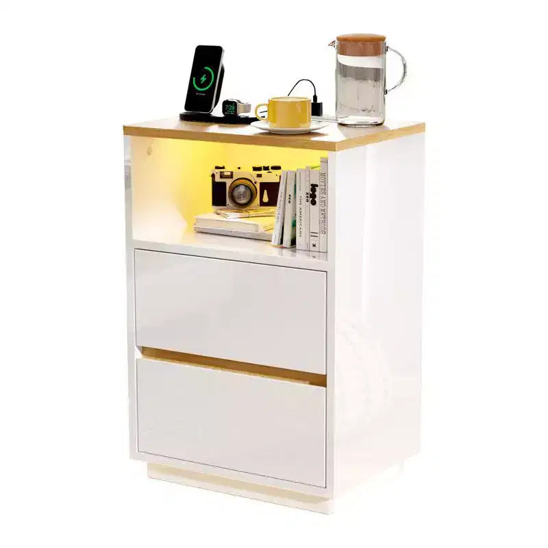 Comodino da 39,8 cm Bianco Lucido e Rovere con 2 Cassetti, Striscia RGB e Presa USB+AC