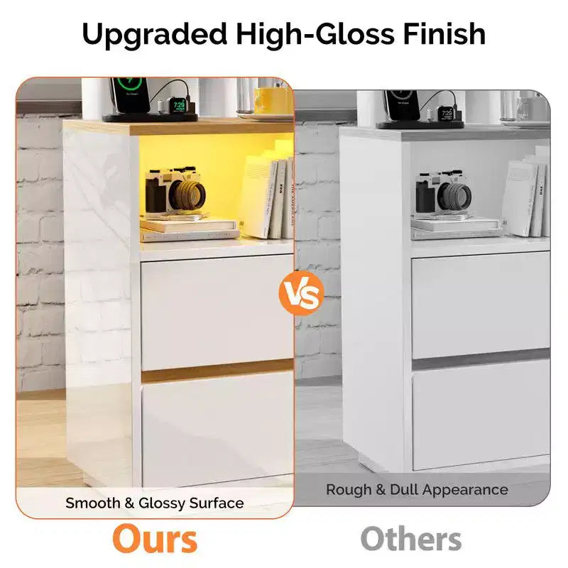 Comodino da 39,8 cm Bianco Lucido e Rovere con 2 Cassetti, Striscia RGB e Presa USB+AC