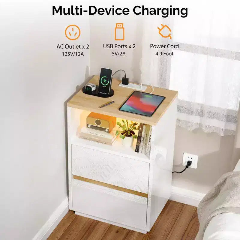 Comodino da 39,8 cm Bianco Lucido e Rovere con 2 Cassetti, Striscia RGB e Presa USB+AC