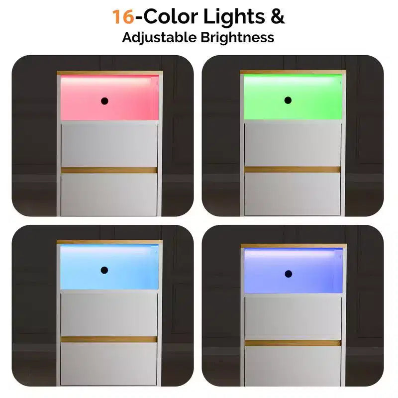 Comodino da 39,8 cm Bianco Lucido e Rovere con 2 Cassetti, Striscia RGB e Presa USB+AC