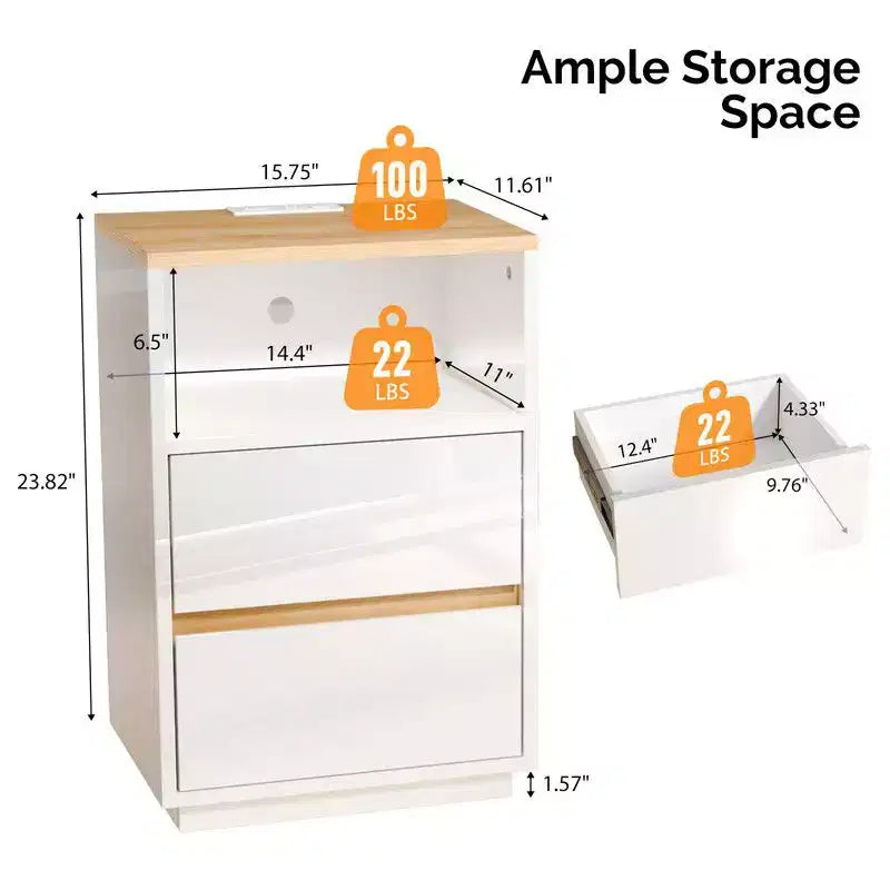 Comodino da 39,8 cm Bianco Lucido e Rovere con 2 Cassetti, Striscia RGB e Presa USB+AC