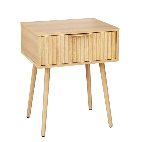 Comodino da 48 cm con 1 cassetto e gambe alte, effetto rovere – truciolato, beige