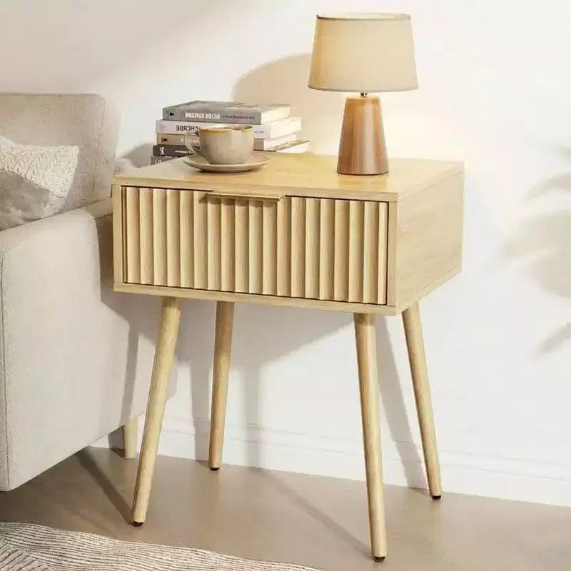 Comodino da 48 cm con 1 cassetto e gambe alte, effetto rovere – truciolato, beige