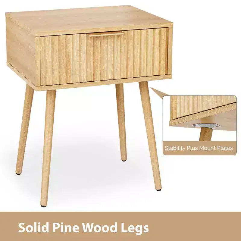 Comodino da 48 cm con 1 cassetto e gambe alte, effetto rovere – truciolato, beige