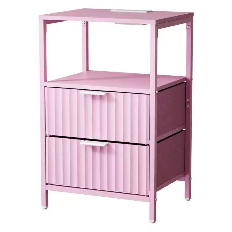 Comodino largo 15" con 2 cassetti, 1 ripiano e presa di corrente USA