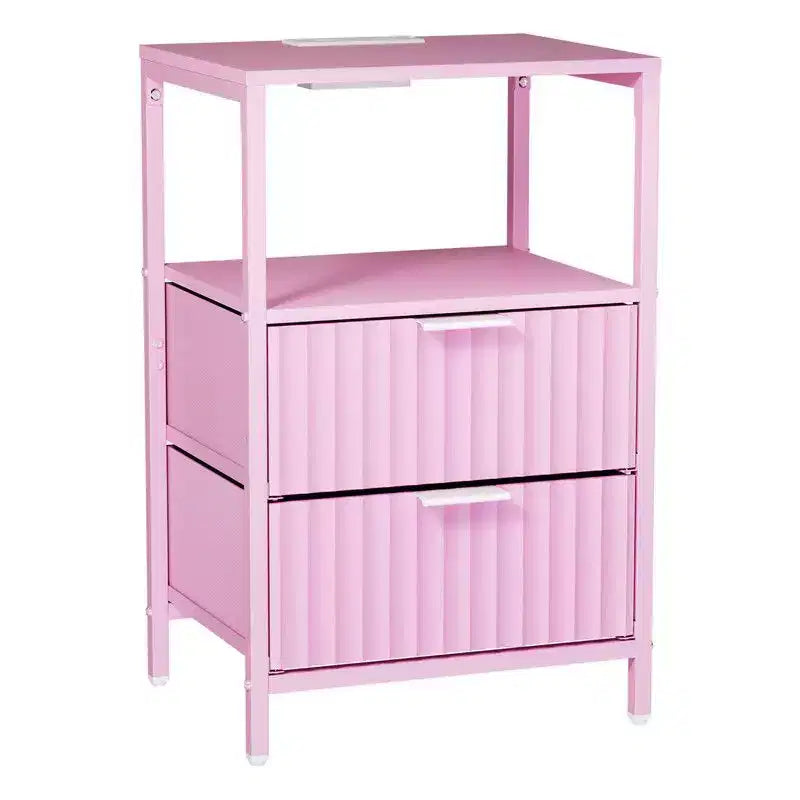 Comodino largo 15" con 2 cassetti, 1 ripiano e presa di corrente USA