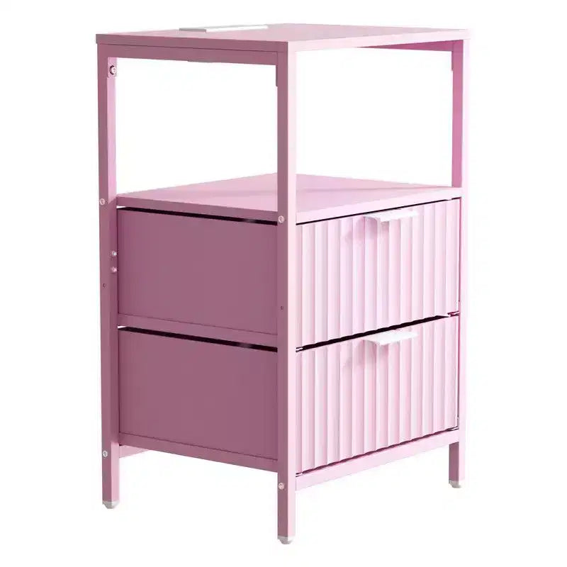 Comodino largo 15" con 2 cassetti, 1 ripiano e presa di corrente USA