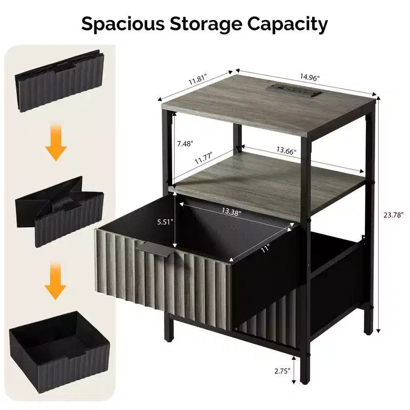 Comodino largo 38 cm con 2 cassetti, 1 ripiano e presa di corrente USA – 6 opzioni di colore