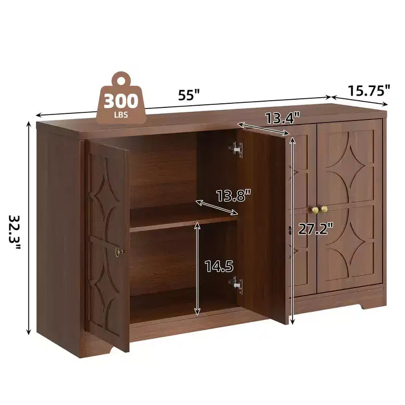 Credenza a buffet da 55", mobile a 4 ante in legno con ripiani regolabili, mobiletto da bar in stile rustico per cucina, soggiorno, ingresso
