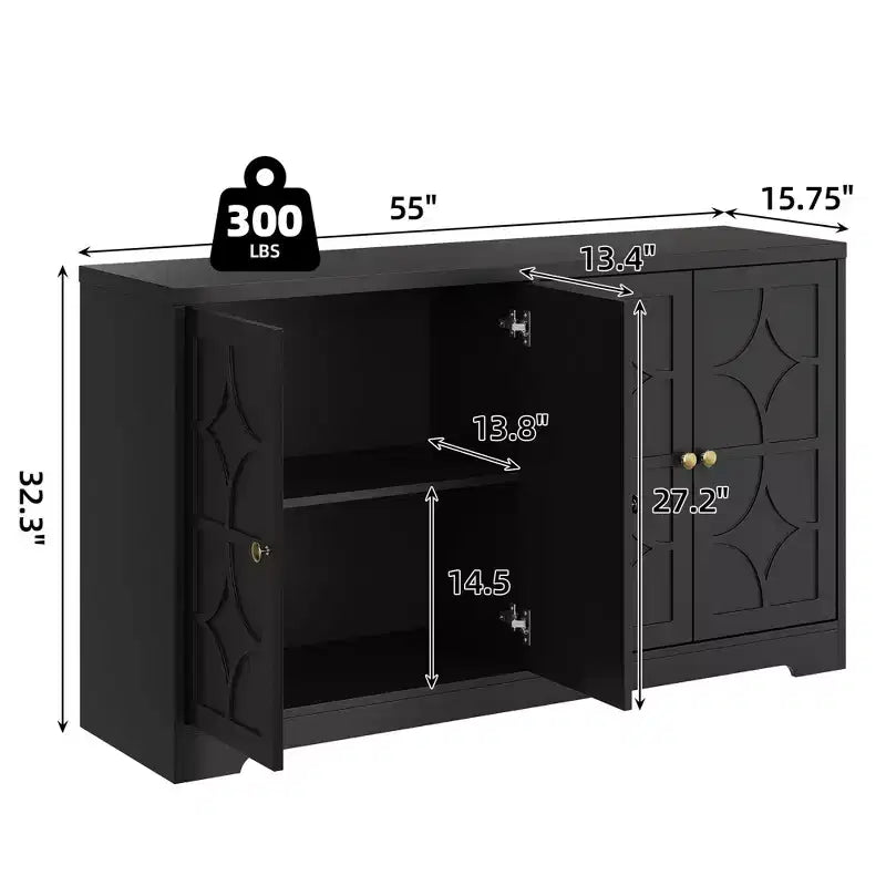 Credenza a buffet da 55", mobile a 4 ante in legno con ripiani regolabili, mobiletto da bar in stile rustico per cucina, soggiorno, ingresso