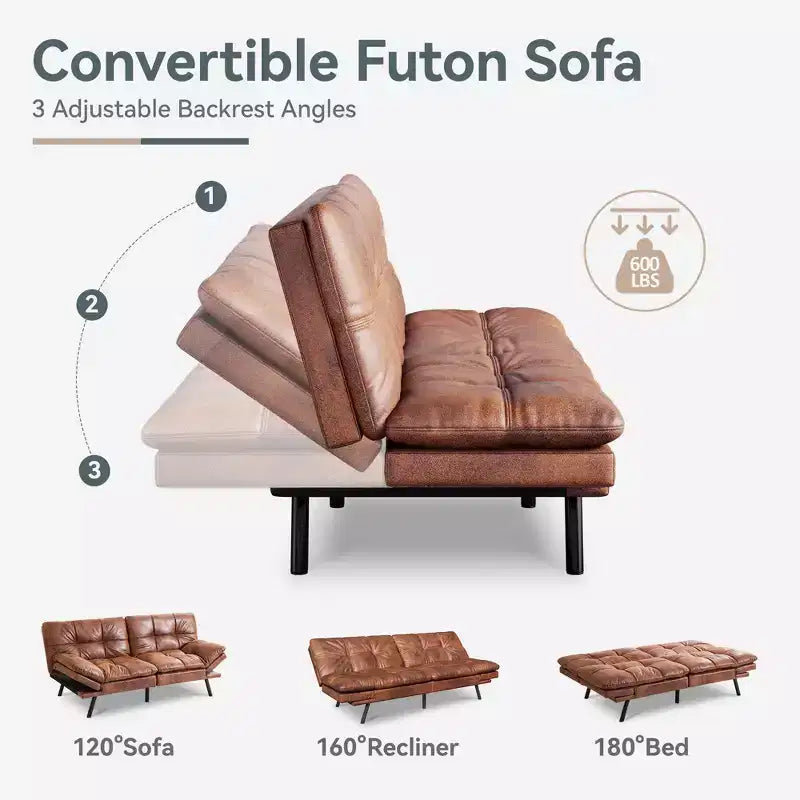 Divano Letto Futon Convertibile con Memory Foam a 3 Strati, Schienale e Braccioli Regolabili – Lino