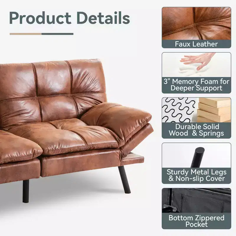Divano Letto Futon Convertibile con Memory Foam a 3 Strati, Schienale e Braccioli Regolabili – Lino