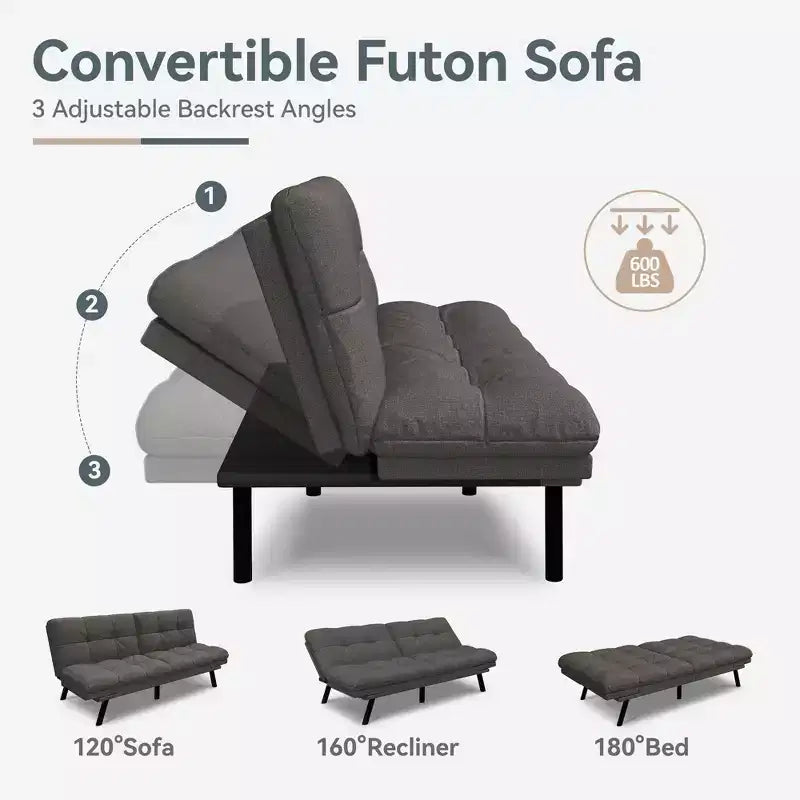 Divano Letto Futon Convertibile con Memory Foam a 3 Strati, Schienale e Braccioli Regolabili – Lino