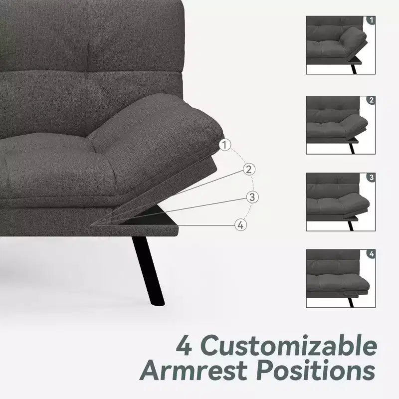 Divano Letto Futon Convertibile con Memory Foam a 3 Strati, Schienale e Braccioli Regolabili – Lino
