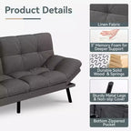 Divano Letto Futon Convertibile con Memory Foam a 3 Strati, Schienale e Braccioli Regolabili – Lino