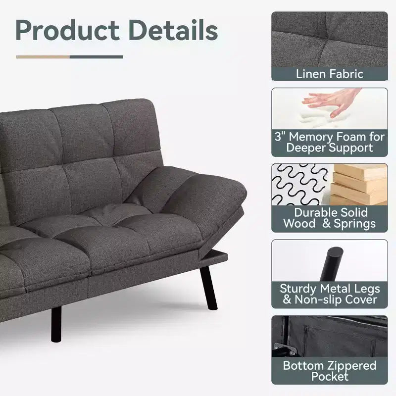 Divano Letto Futon Convertibile con Memory Foam a 3 Strati, Schienale e Braccioli Regolabili – Lino