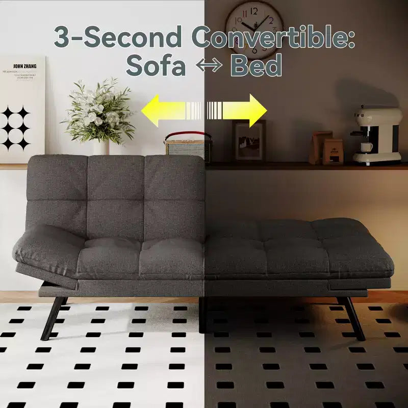 Divano Letto Futon Convertibile con Memory Foam a 3 Strati, Schienale e Braccioli Regolabili – Lino