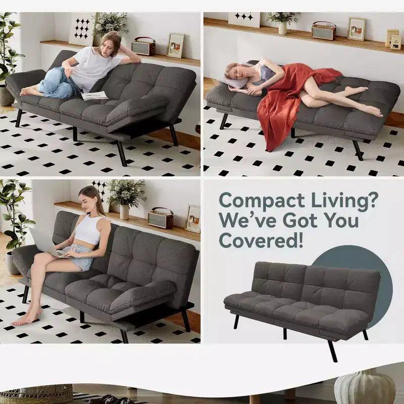 Divano Letto Futon Convertibile con Memory Foam a 3 Strati, Schienale e Braccioli Regolabili – Lino