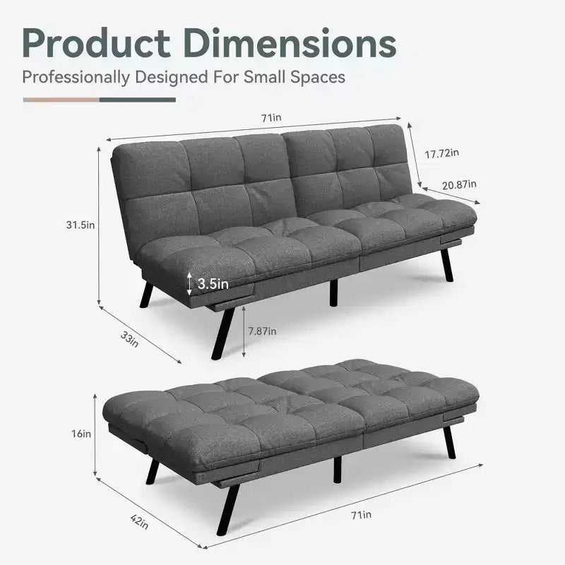 Divano Letto Futon Convertibile con Memory Foam a 3 Strati, Schienale e Braccioli Regolabili – Lino