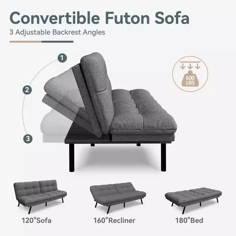 Divano Letto Futon Convertibile con Memory Foam a 3 Strati, Schienale e Braccioli Regolabili – Lino