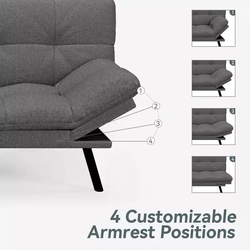 Divano Letto Futon Convertibile con Memory Foam a 3 Strati, Schienale e Braccioli Regolabili – Lino