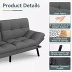 Divano Letto Futon Convertibile con Memory Foam a 3 Strati, Schienale e Braccioli Regolabili – Lino