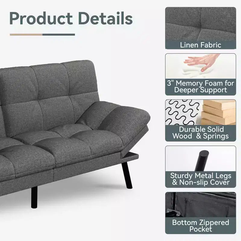 Divano Letto Futon Convertibile con Memory Foam a 3 Strati, Schienale e Braccioli Regolabili – Lino