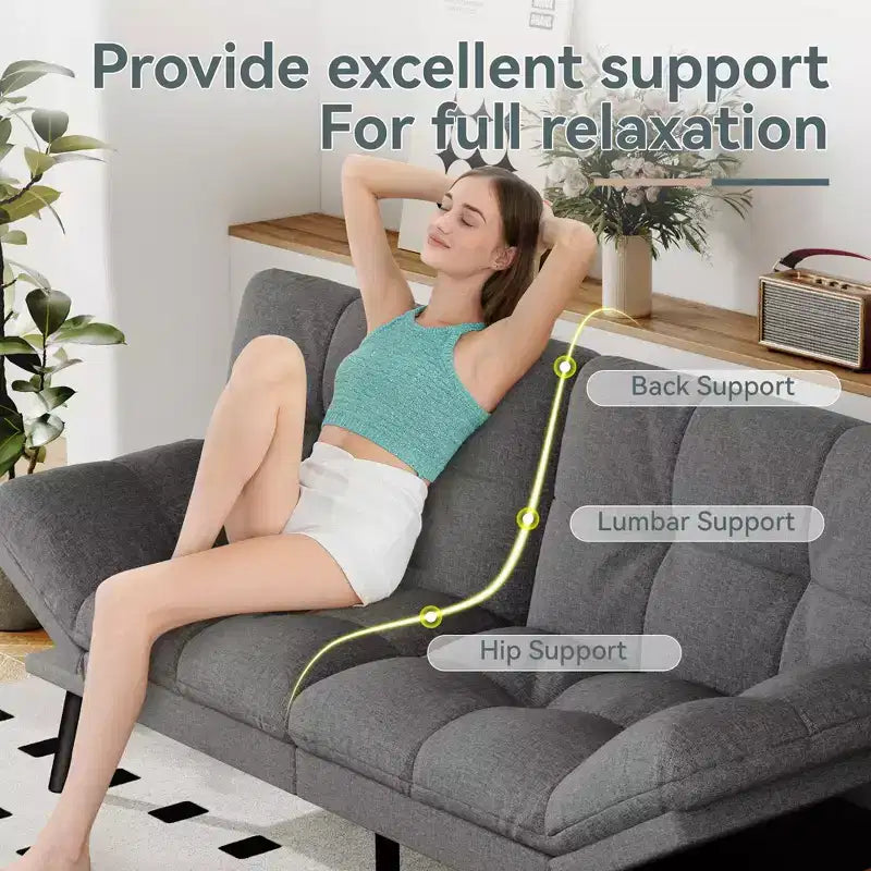 Divano Letto Futon Convertibile con Memory Foam a 3 Strati, Schienale e Braccioli Regolabili – Lino